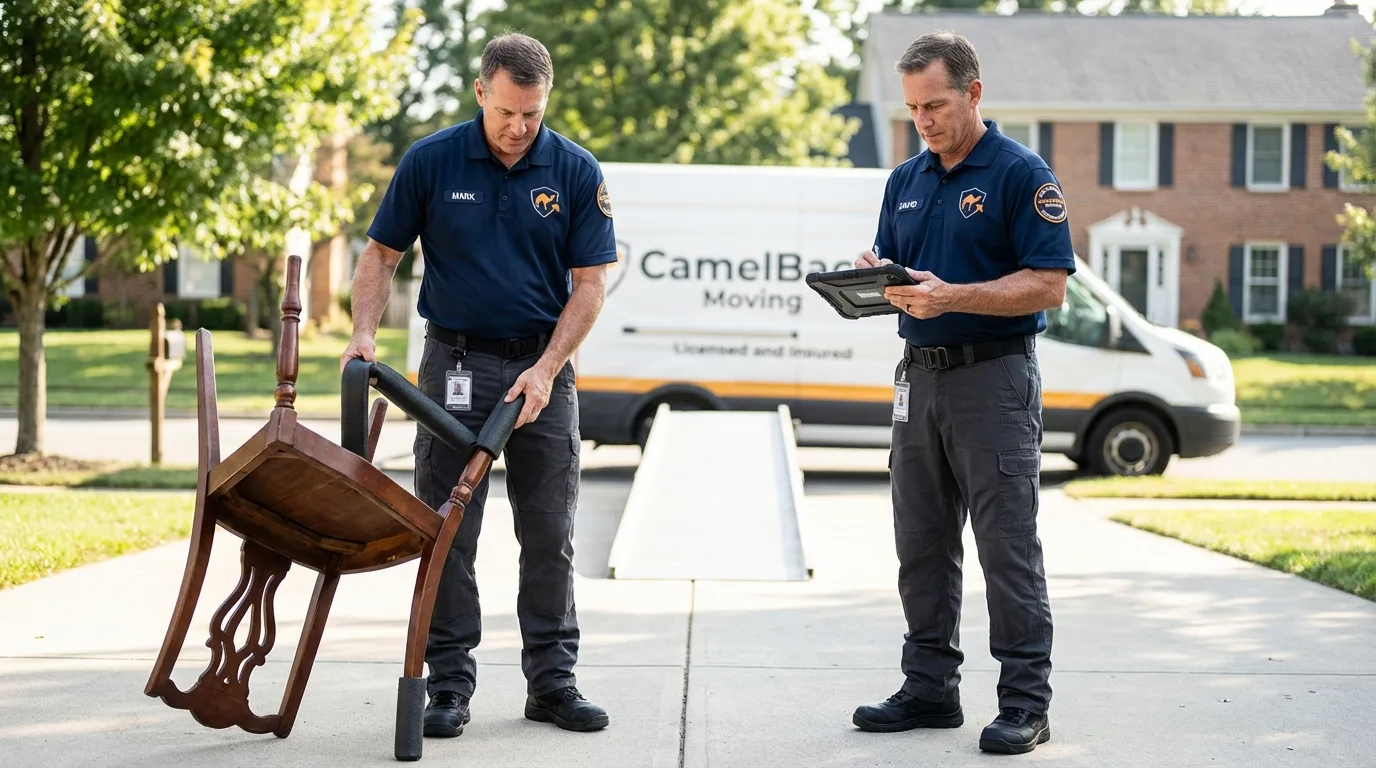Movers inspecting furniture for damage prevention before loading in Paradise Valley, AZ