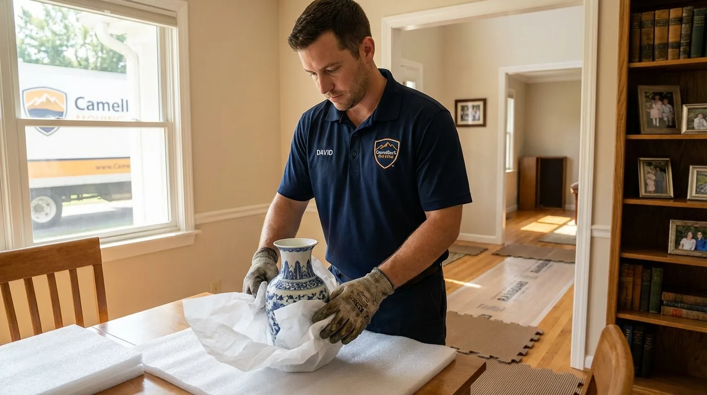 Professional crew carefully wrapping antique vase for senior downsizing move in Paradise Valley, AZ